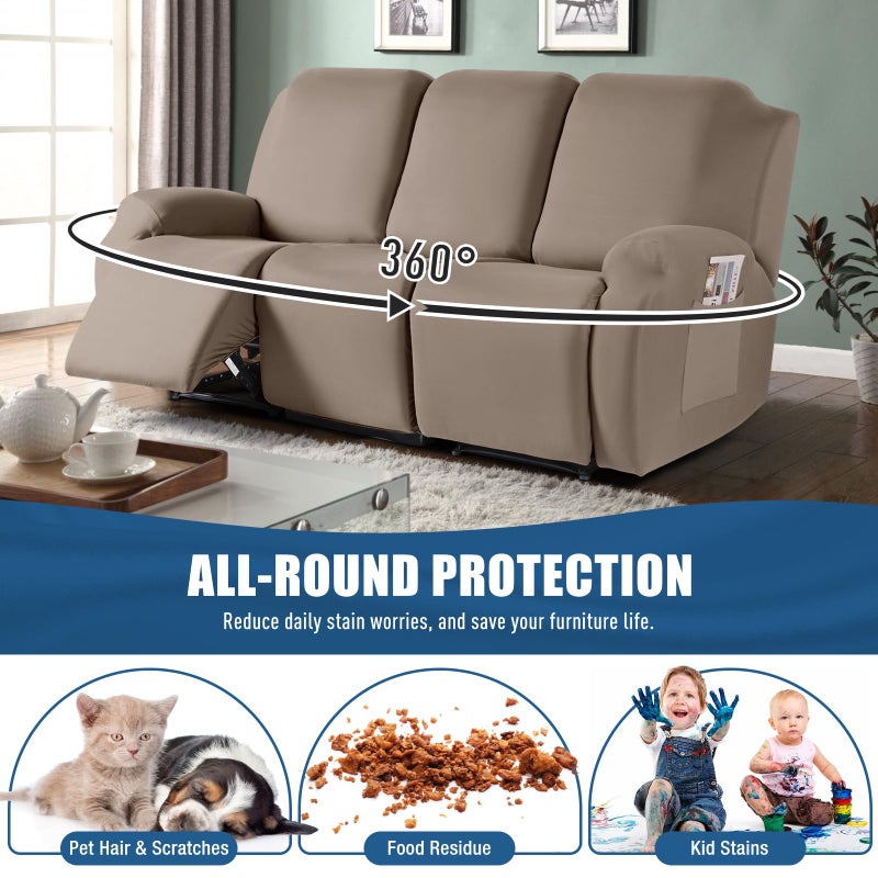 TAOCOCO Recliner Sofa Slipcover  3 Pieces Polyester Fabric Stretch Sofa Covers for 3 Seat Reclining Couch  Soft Washable Furniture Protector with Pockets (3 Seat  Khaki) - Image 3